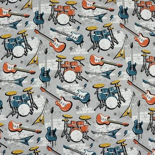 Bio Jersey Motiv Music Mit E-Gitarre Und Schalgzeug Von Stoffonkel In Grau 4 Bio Jersey Motiv Music Mit E-Gitarre Und Schalgzeug Von Stoffonkel In Grau – Bild 2